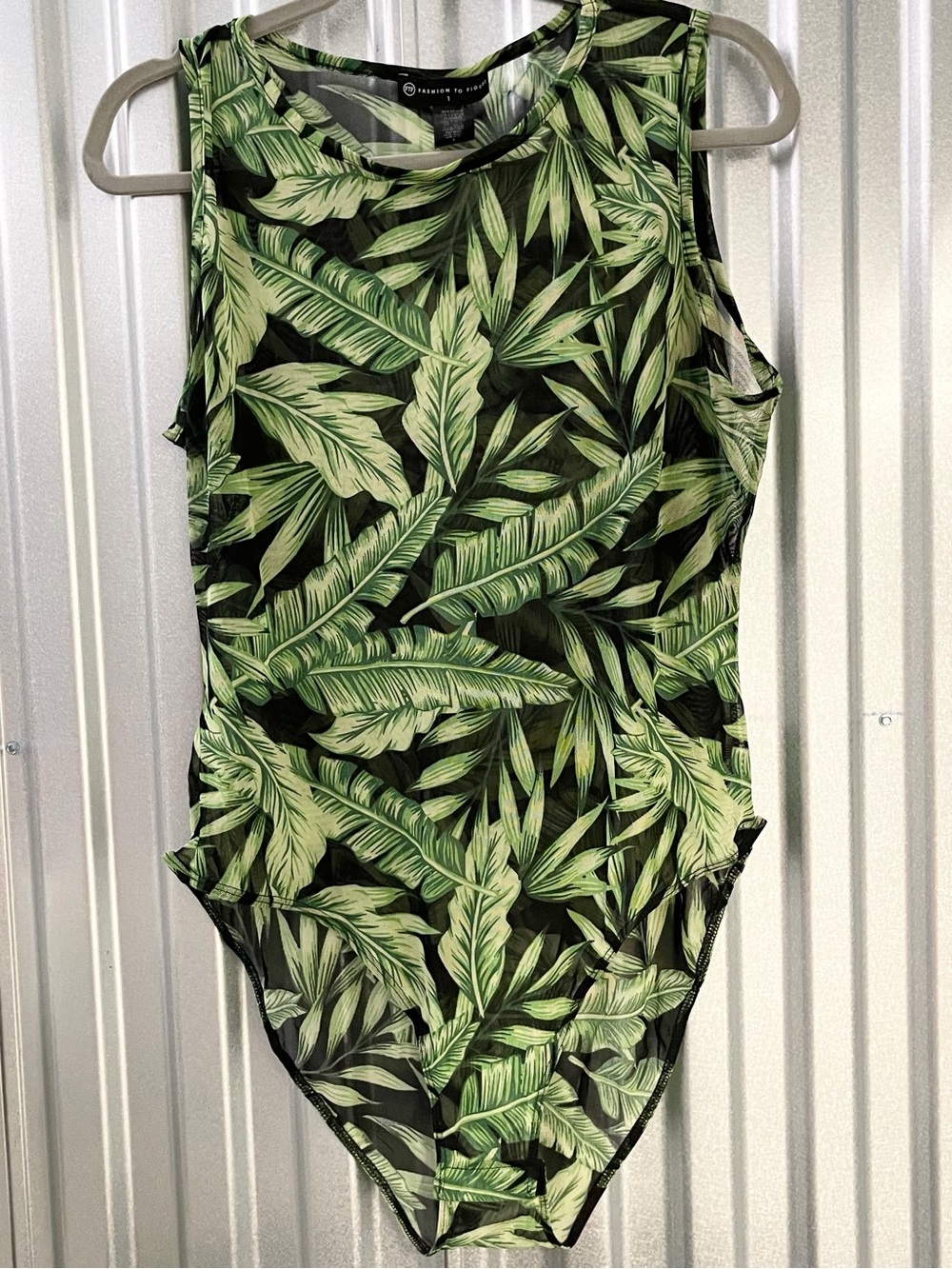 Fashion to Figure Tropical Leaf Print Sheer Bodysuit - Green and Black Size 1X